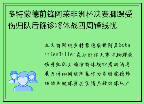 多特蒙德前锋阿莱非洲杯决赛脚踝受伤归队后确诊将休战四周锋线忧