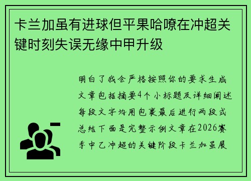 卡兰加虽有进球但平果哈嘹在冲超关键时刻失误无缘中甲升级